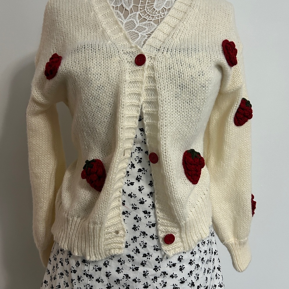 Cream Cardigan with Red Embroidered Strawberries